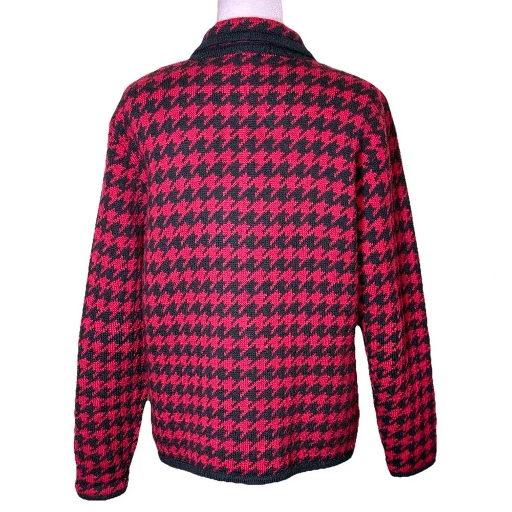 Women’s 100% Wool Red Black Houndstooth Zip Cardigan Classic Preppy Fall Size Lg